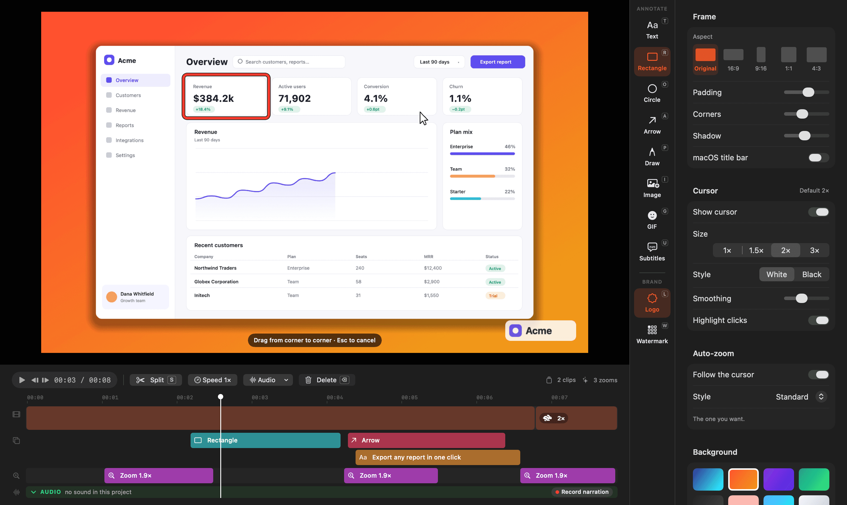Drawing an arrow in the editor: the preview shows a hint while the Arrow tool is armed over the Acme dashboard