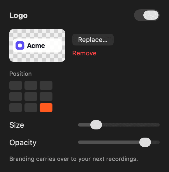 Logo settings: a nine-position grid, size and opacity