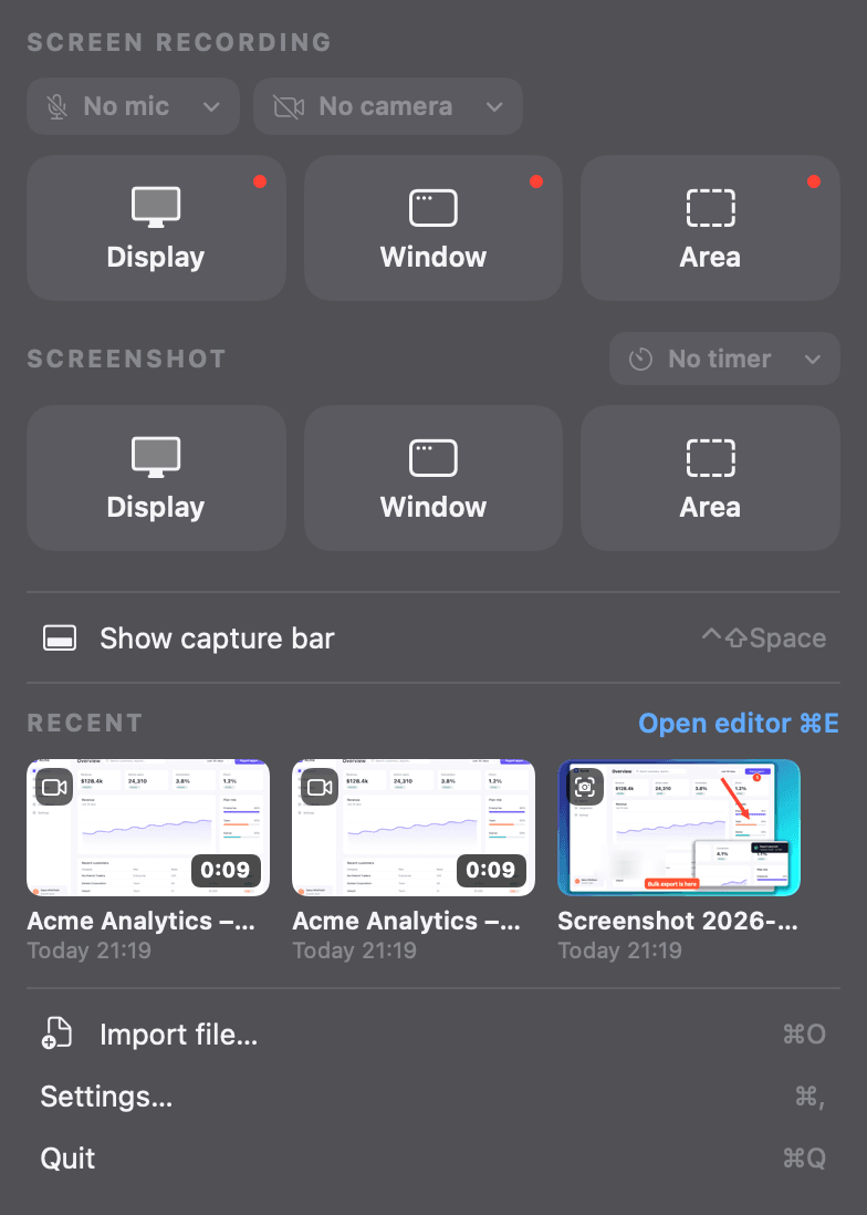 The menu bar panel: microphone and camera, Display, Window and Area tiles for recording and for screenshots, a grid of recent items, then Import, Settings and Quit