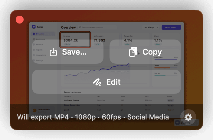 The quick-export widget appears where the recording ended, offering Save, Copy and Edit over the finished result, with a footer reading: will export MP4, 1080p, 60fps