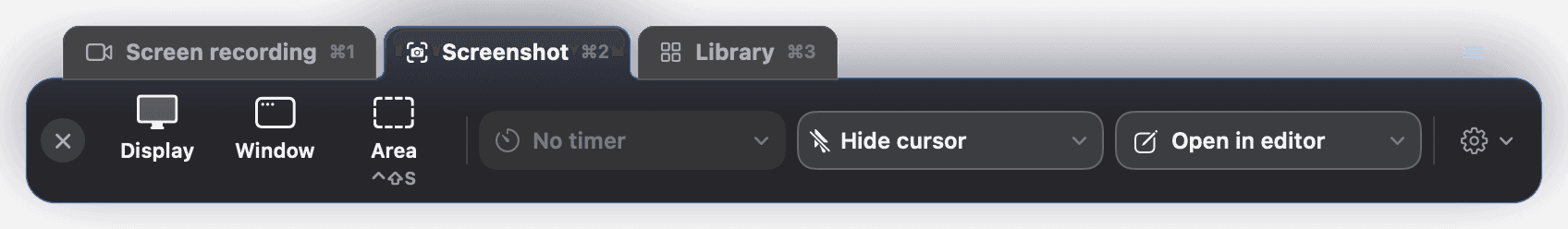 The capture bar's Screenshot tab: Display, Window and Area, then a timer, Hide cursor and Open in editor