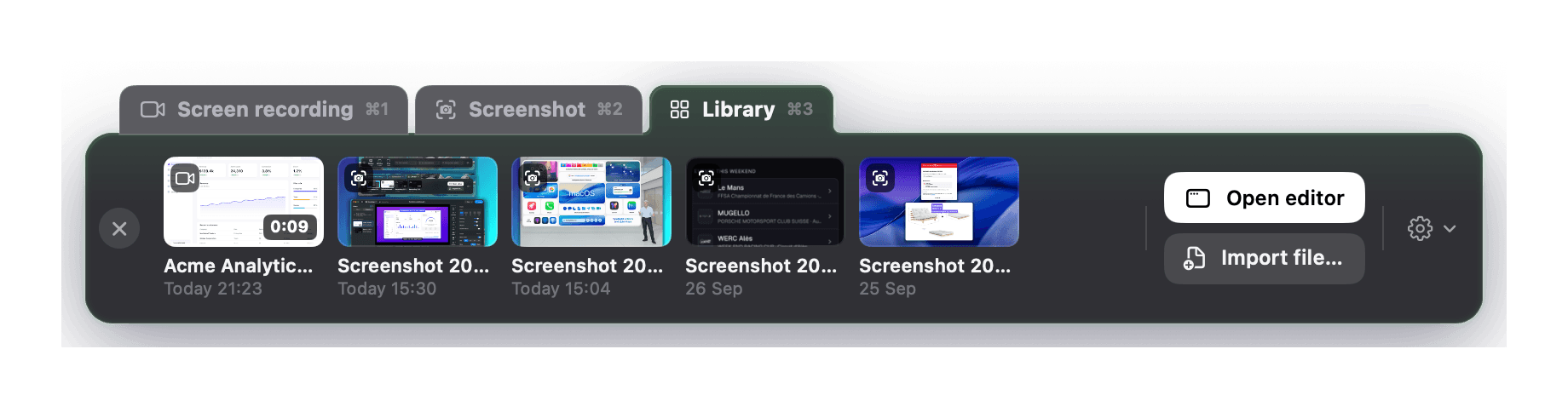 The capture bar's Screen recording tab: Display, Window and Area, then camera, microphone and system audio chips