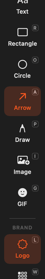The tool strip: Text, Rectangle, Circle, Arrow, Draw, Image, GIF and Subtitles under Annotate; Logo and Watermark under Brand